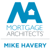 A logo for Mike Havery of Mortgage Architects. Consists of large letters M and A that have been combined, with the icon of a house in the middle of the A